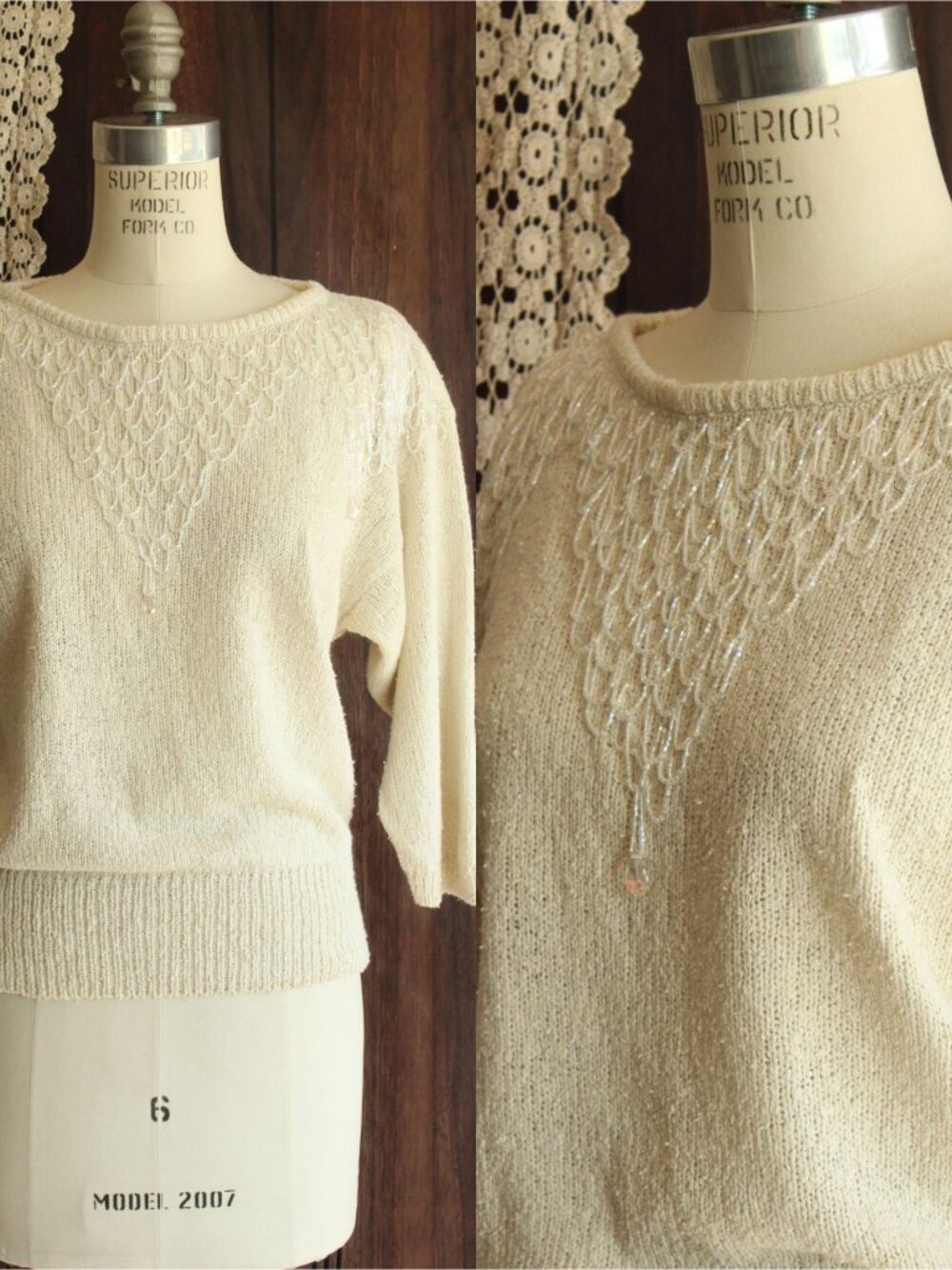 Vintage 1980s Sweater, Bonnie Boerer Ivory Pullover with Fringed Beading,